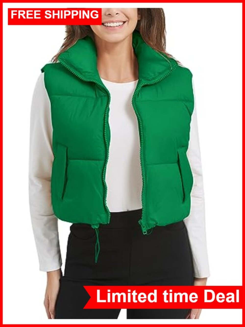 Lightweight Cropped Puffer Vest Zip Up Stand Collar Nylon Quilted Warm Layering